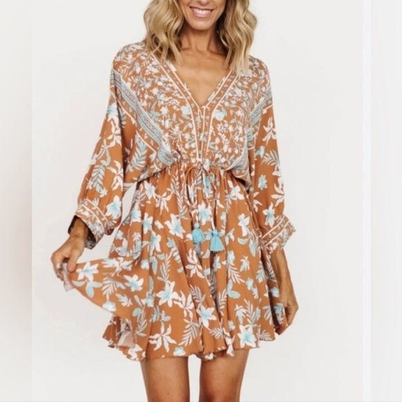 Baltic Born Adria Tan Dress with Blue & White Floral Print size Large - Picture 2 of 9